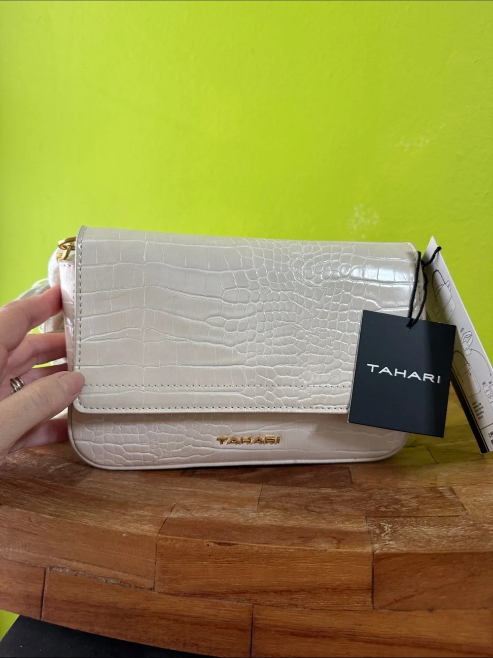 Tahari Cream Croc-Embossed Flap Crossbody Bag with Gold Hardware
